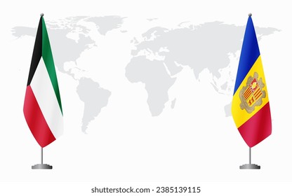 Kuwait and Andorra flags for official meeting against background of world map.
