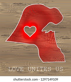 Kuwait Art Vector Map With Heart. String Art, Yarn And Pins On Wooden Planks Texture. Love Unites Us. Message Of Love.