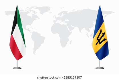 Kuwait and Barbados flags for official meeting against background of world map.