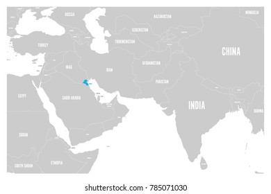 Kuwait blue marked in political map of South Asia and Middle East. Simple flat vector map..
