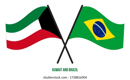 Kuwait and Brazil Flags Crossed And Waving Flat Style. Official Proportion. Correct Colors.