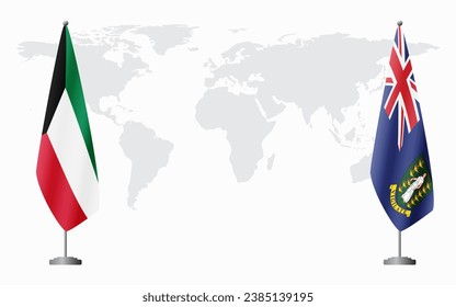 Banderas de Kuwait y de las Islas Vírgenes Británicas para una reunión oficial en el fondo del mapa mundial.
