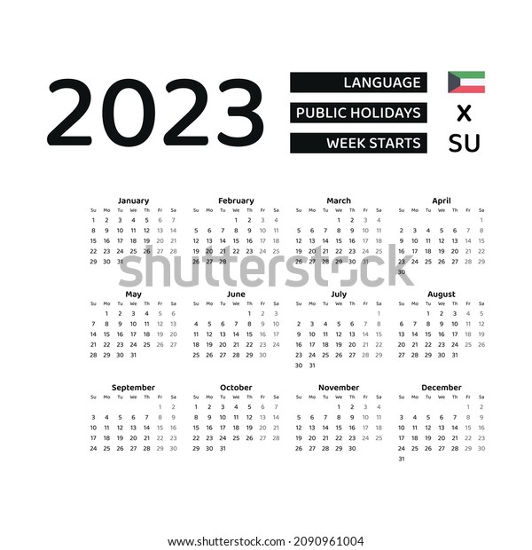 2023 Calendar With Holidays Kuwait Kuwait Calendar 2023 Week Starts Sunday Stock Vector Royalty Free 2090961004 Shutterstock