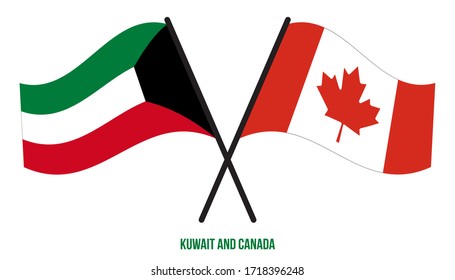 Kuwait and Canada Flags Crossed And Waving Flat Style. Official Proportion. Correct Colors.