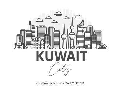 Kuwait City, Kuwait architecture line skyline illustration with shadows. Linear vector cityscape with famous landmarks, city sights, design icons.