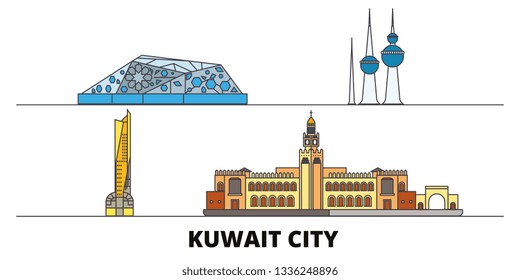 Kuwait, Kuwait City flat landmarks vector illustration. Kuwait, Kuwait City line city with famous travel sights, design skyline. 