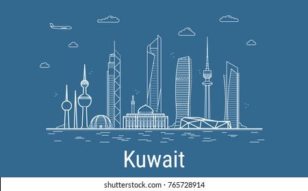 Kuwait city, Line Art Vector illustration with all famous buildings. Linear Banner with Showplace. Composition of Modern buildings, Cityscape. Kuwait buildings set