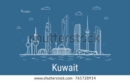 Kuwait city, Line Art Vector illustration with all famous buildings. Linear Banner with Showplace. Composition of Modern buildings, Cityscape. Kuwait buildings set