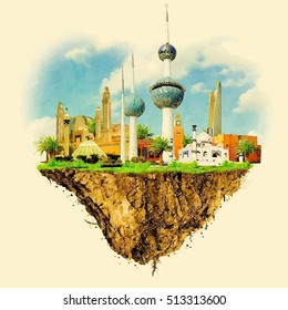 KUWAIT city on floating land vector water color illustration 