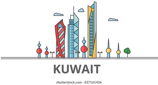 Kuwait city skyline: buildings, streets, silhouette, architecture, landscape, panorama, landmarks. Editable strokes. Flat design line vector illustration concept. Isolated icons on white background