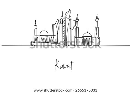 Kuwait City skyline in a continuous line drawing featuring Kuwait Towers Liberation Tower Grand Mosque and highrises, a city skyline concept themed for travel posters minimalist decor and wall art.