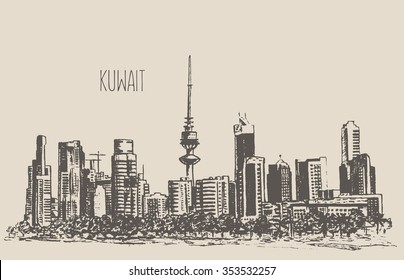 Kuwait City skyline detailed silhouette. Hand drawn, engraved vector illustration