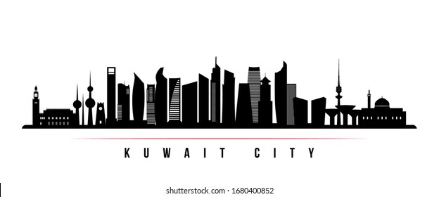 Kuwait city skyline horizontal banner. Black and white silhouette of Kuwait city. Vector template for your design. 