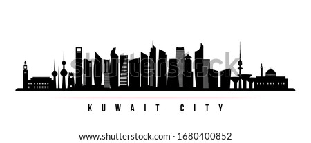 Kuwait city skyline horizontal banner. Black and white silhouette of Kuwait city. Vector template for your design. 