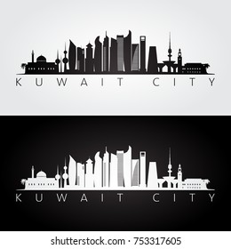 Kuwait city skyline and landmarks silhouette, black and white design, vector illustration.