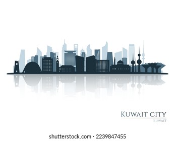 Silhouette de perfil de Kuwait City con reflexión. Paisaje de la ciudad de Kuwait. Ilustración vectorial.