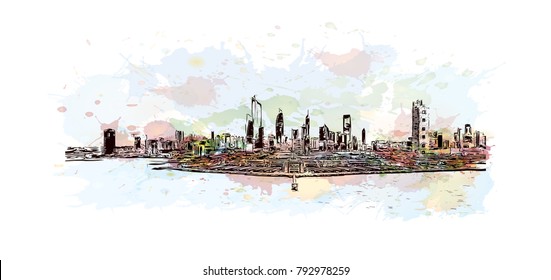 Kuwait City Skyline. Watercolor splash with sketch illustration in vector.