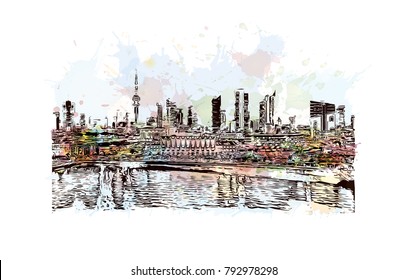Kuwait City Skyline. Watercolor splash with sketch illustration in vector.