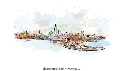 Kuwait City Skyline. Watercolor splash with sketch illustration in vector.