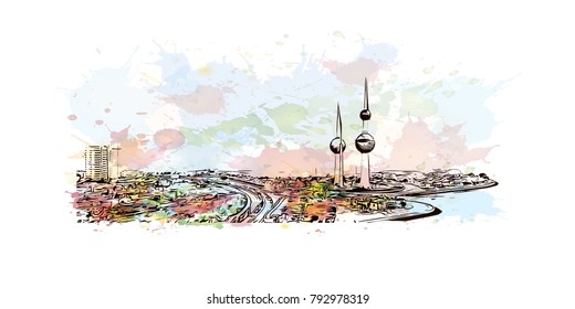 Kuwait City Skyline. Watercolor splash with sketch illustration in vector.