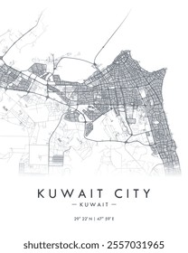 Kuwait City vector print map. Detailed map of Kuwait City in Kuwait. Best free vector illustration. Tourist decorative minimalist street map.