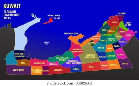 Kuwait - eine farbenprächtige Karte der Al-Asimah-Gouverneurgebiete
