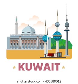 Kuwait country design template. Flat cartoon style historic showplace web site vector illustration. World vacation travel sightseeing Asia Asian collection. Grand Mosque Liberation Tower Kuwait Towers