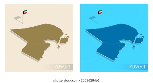 Kuwait country flag installed on geographic positioning map point of country territory. Kuwait commonwealth banner on land and sea. Festive patriotic HD format template for independence day