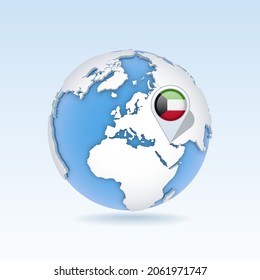 Kuwait - country map and flag located on globe, world map. 3D Vector illustration