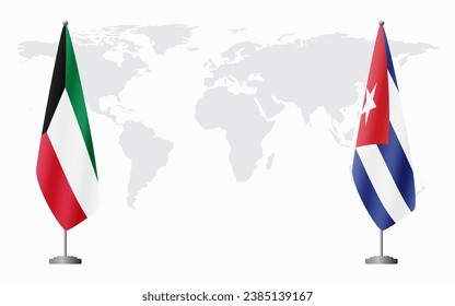 Kuwait and Cuba flags for official meeting against background of world map.