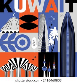 Kuwait culture travel set, famous architectures, specialties in flat design. Business travel and tourism concept clipart. Image for presentation, banner, website, advert, flyer, roadmap, icons