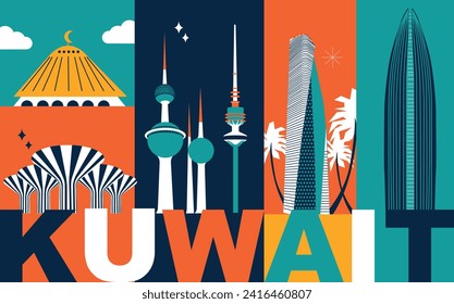 Kuwait Kultur Reise Set, berühmte Architekturen, Spezialitäten in flachem Design. Business-Reise-und Tourismus-Konzept Video-Kunst. Bild für Präsentation, Banner, Website, Werbung, Flyer, Roadmap, Symbole