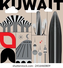 Kuwait culture travel set, famous architectures, specialties in flat design. Business travel and tourism concept clipart. Image for presentation, banner, website, advert, flyer, roadmap, icons