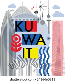 Kuwait culture travel set, famous architectures, specialties in flat design. Business travel and tourism concept clipart. Image for presentation, banner, website, advert, flyer, roadmap, icons