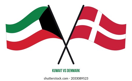 Kuwait and Denmark Flags Crossed And Waving Flat Style. Official Proportion. Correct Colors.