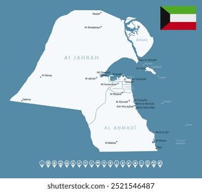 Kuwait - detalhado mapa azul do país com cidades e regiões. Ícones infográficos. Ilustração vetorial