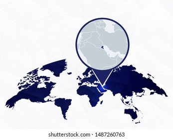 Kuwait detailed map highlighted on blue rounded World Map. Map of Kuwait in circle.