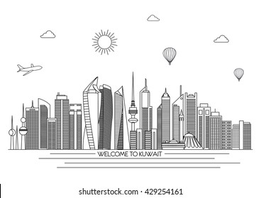 Kuwait detailed Skyline. Travel and tourism background. Vector background. line illustration. Line art style