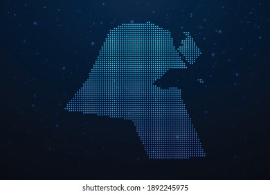Mapa de puntos de Kuwait de estilo futurista, contorno brillante hecho de puntos de estrellas. Comunicación, concepto de tecnologías de internet sobre fondo del espacio azul oscuro. Ilustración vectorial.
