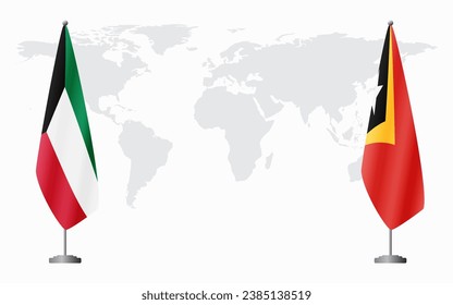 Kuwait and East Timor flags for official meeting against background of world map.