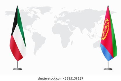 Kuwait and Eritrea flags for official meeting against background of world map.