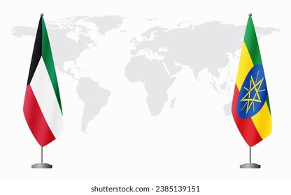 Kuwait and Ethiopia flags for official meeting against background of world map.