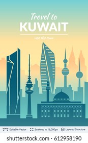 Kuwait famous view. Flat well known silhouettes. Vector illustration easy to edit.