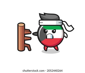 kuwait flag badge cartoon illustration as a karate fighter , cute design