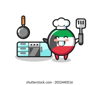 kuwait flag badge character illustration as a chef is cooking , cute design