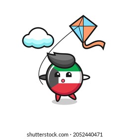 kuwait flag badge mascot illustration is playing kite , cute design