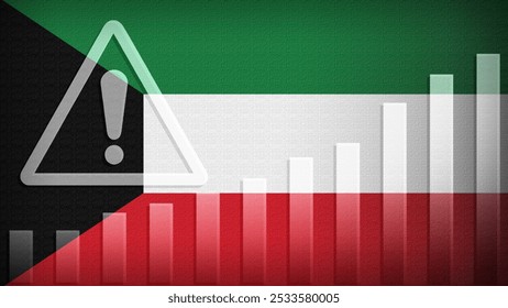 Kuwait flag with burlap texture, warning sign, and rising bar chart symbolizing increasing risk or growth challenges in the country. Ideal for data presentations.