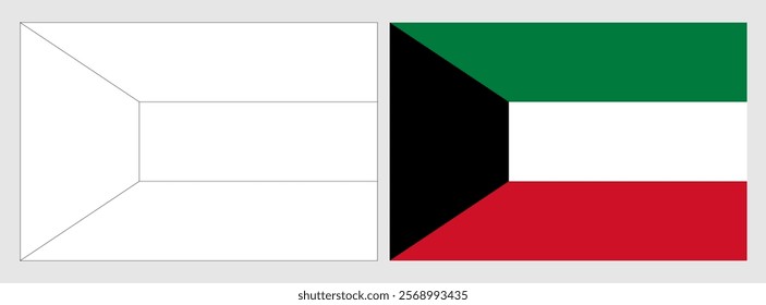 Kuwait flag - coloring page. Set of white wireframe thin black outline flag and original colored flag.