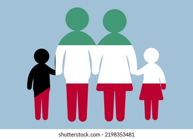 Kuwait flag with family concept, vector element, parent and kids holding hands, immigrant idea, happy family with Kuwait flag, flat design asset