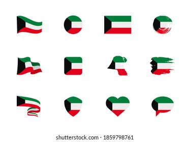 Kuwait flag - flat collection. Flags of different shaped twelve flat icons. Vector illustration set